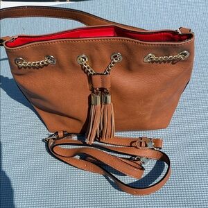 Gianni Bini Cognac Shoulder Bag with Red Interior and Tassels